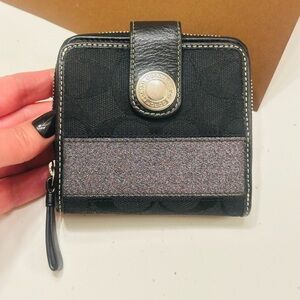 Coach Legacy Signature Stripe Black &Gunmetal Bifold Zip around Wallet 40751